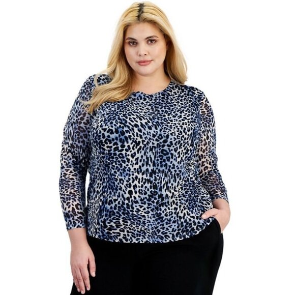 Bar III Plus Size Animal-Print Long-Sleeve Mesh Top Blue Size 1X MSRP $69 - Picture 1 of 3